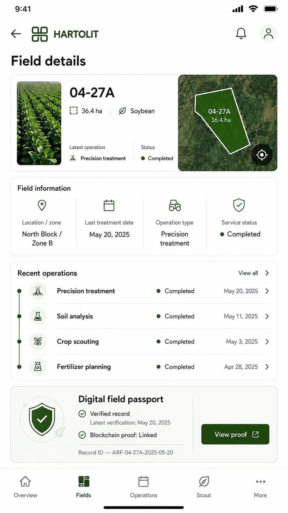 Hartolit mobile concept showing field information, operation history and digital field passport.