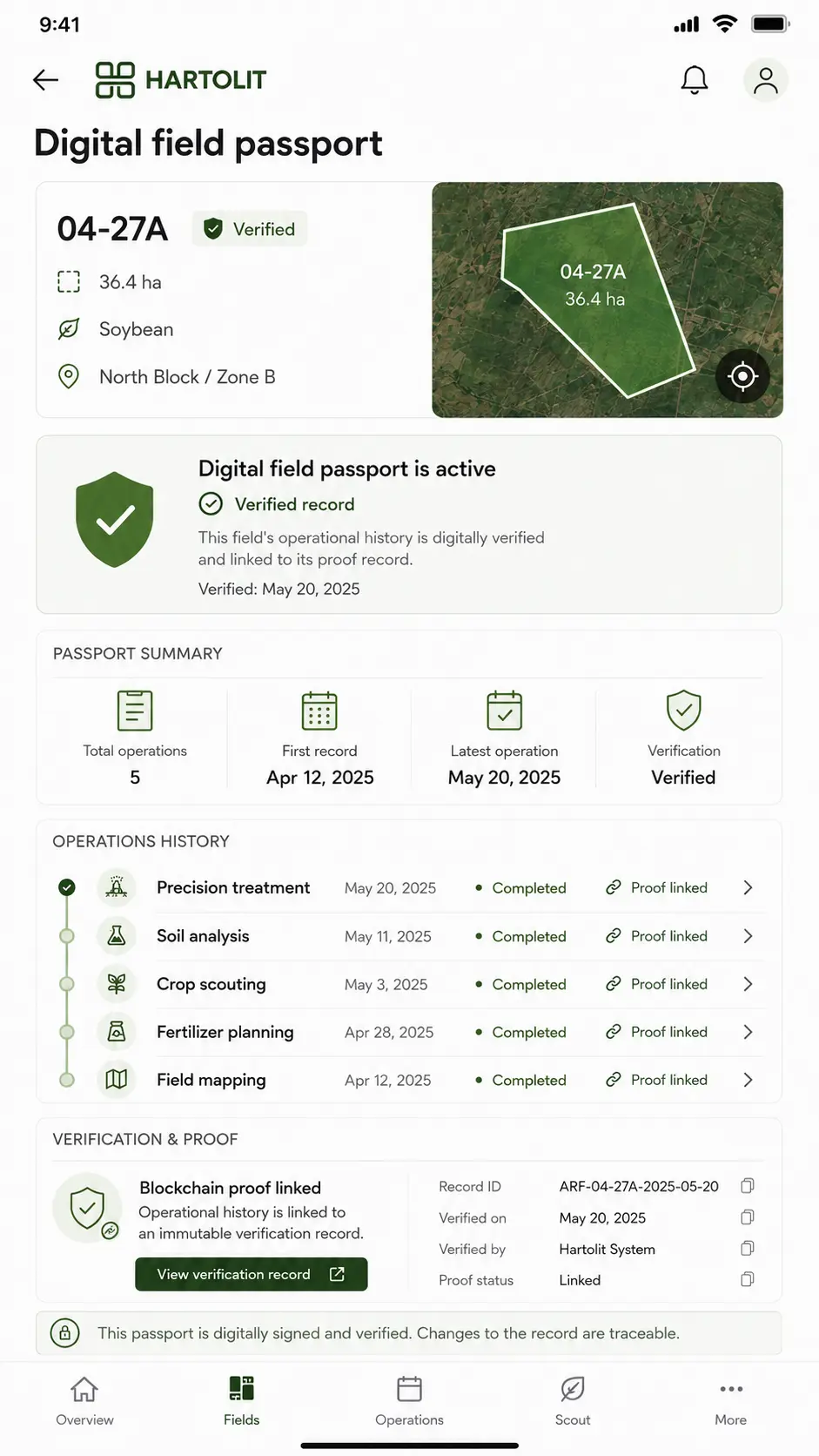 Hartolit mobile concept showing a verified digital field passport and traceable operation history.