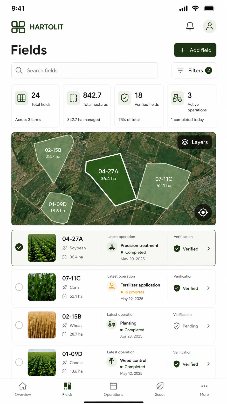 Hartolit mobile concept showing managed fields, agricultural operations and verification statuses.